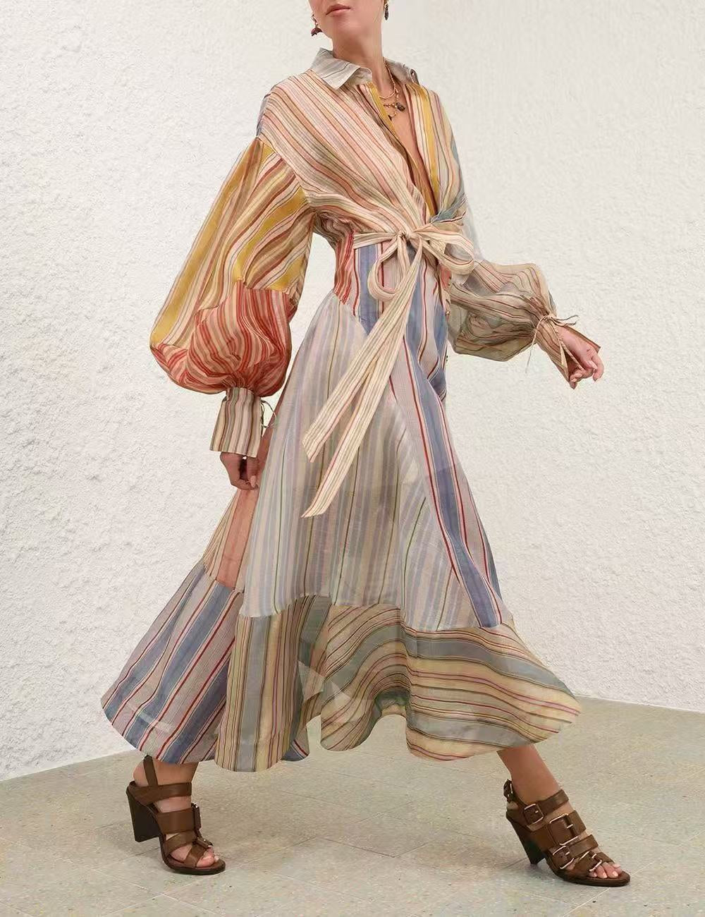 Color-Block Striped Waist-Tie Dress / Maxi Dress