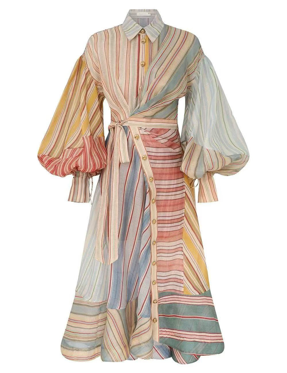 Color-Block Striped Waist-Tie Dress / Maxi Dress