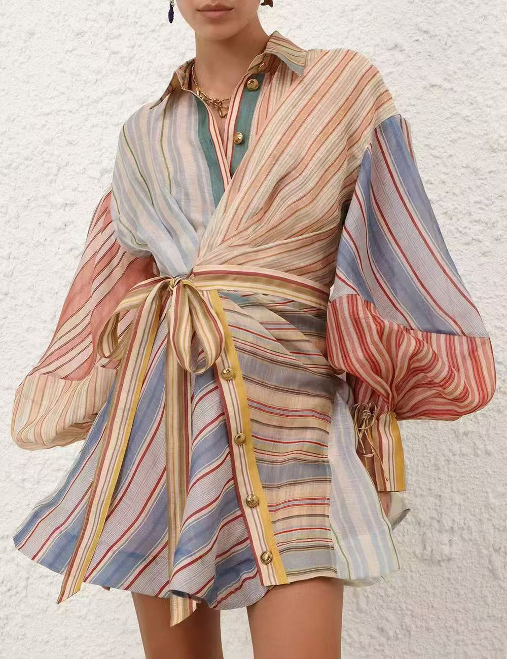 Color-Block Striped Waist-Tie Dress / Maxi Dress