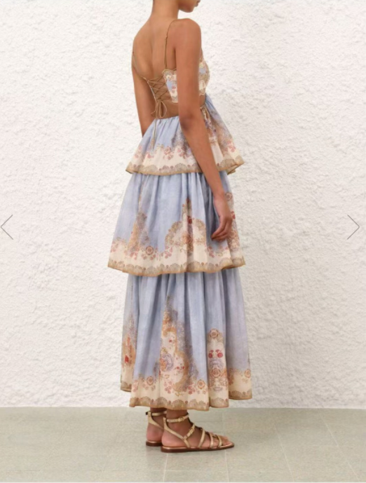 Shimmer-Thread Printed Backless Maxi Dress with Back Straps