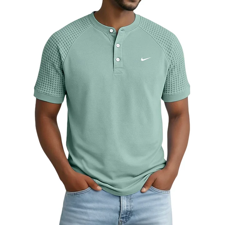 2026 Men's Casual Button Raglan Sleeve Waffle Henley Collar Short-Sleeve T-Shirt