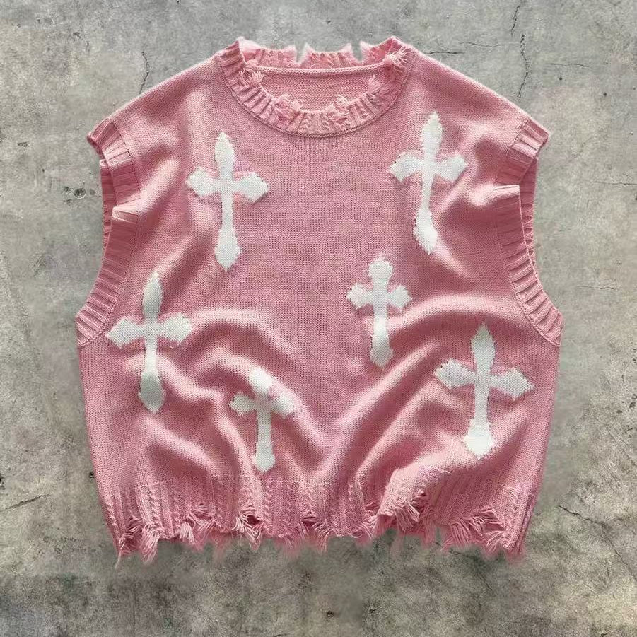 Stylish Retro Jacquard Distressed Knit Top