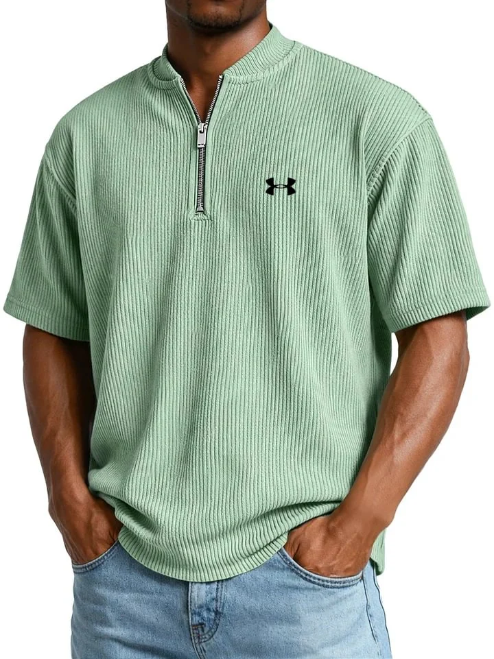 Men's Ribbed T-Shirt with Zip Collar and Short Sleeves