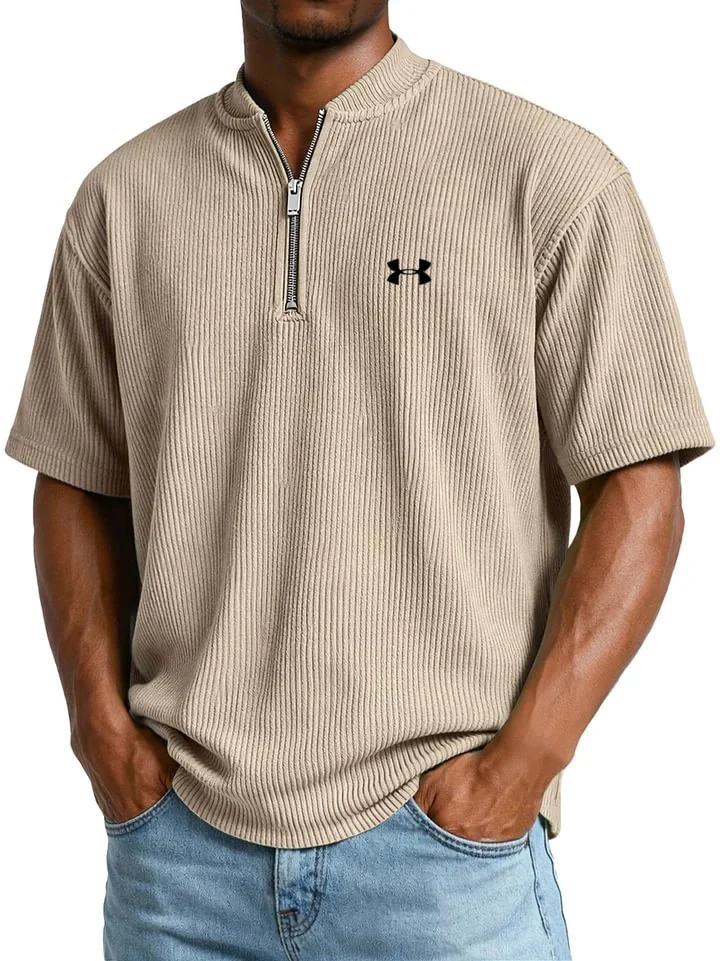 Men's Ribbed T-Shirt with Zip Collar and Short Sleeves