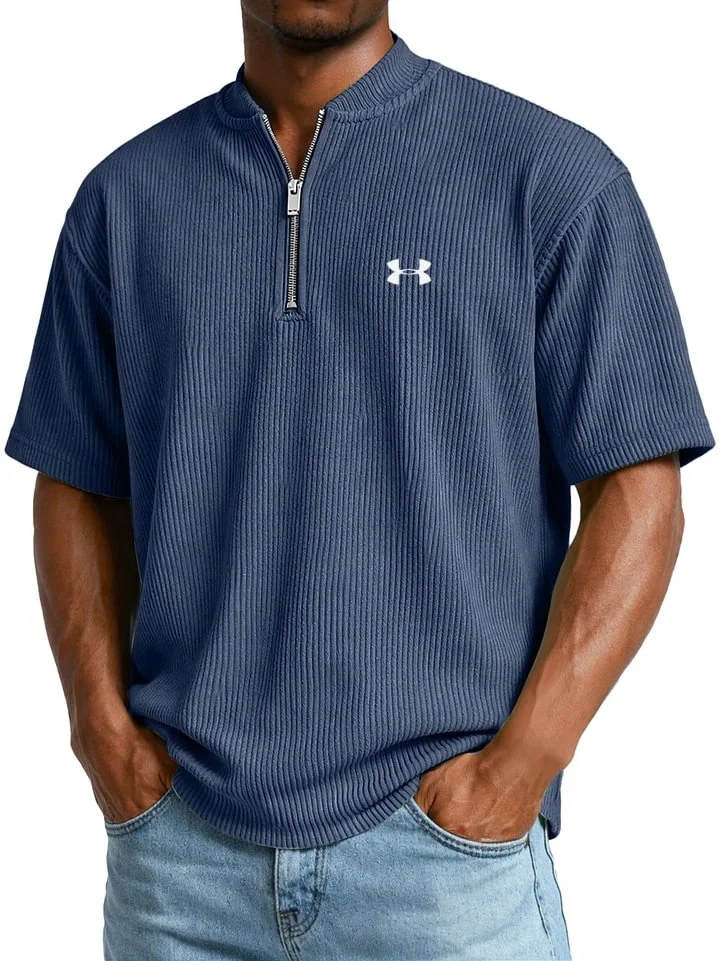 Men's Ribbed T-Shirt with Zip Collar and Short Sleeves