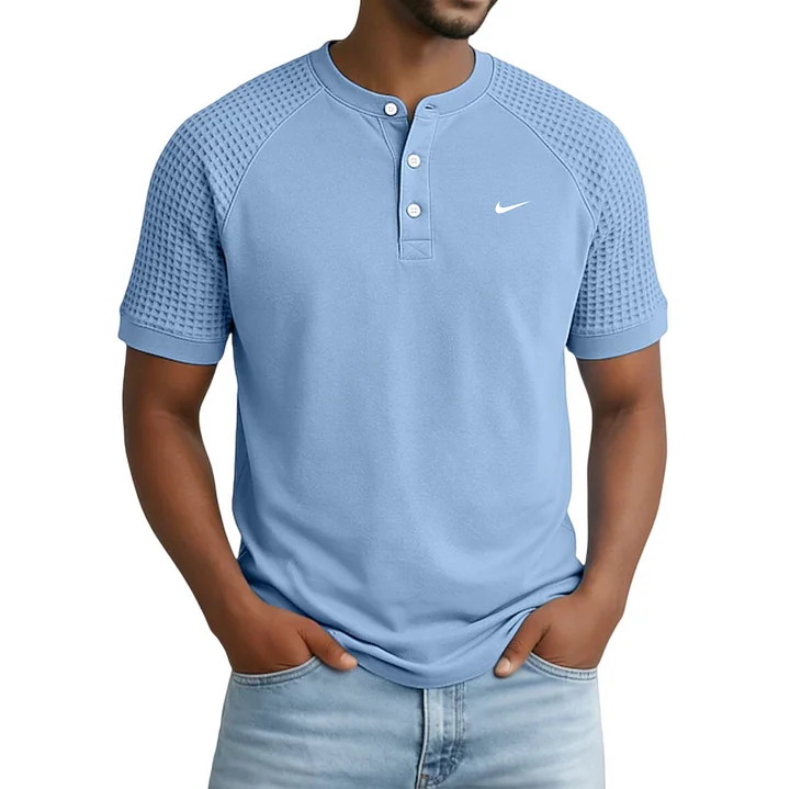 2026 Men's Casual Button Raglan Sleeve Waffle Henley Collar Short-Sleeve T-Shirt