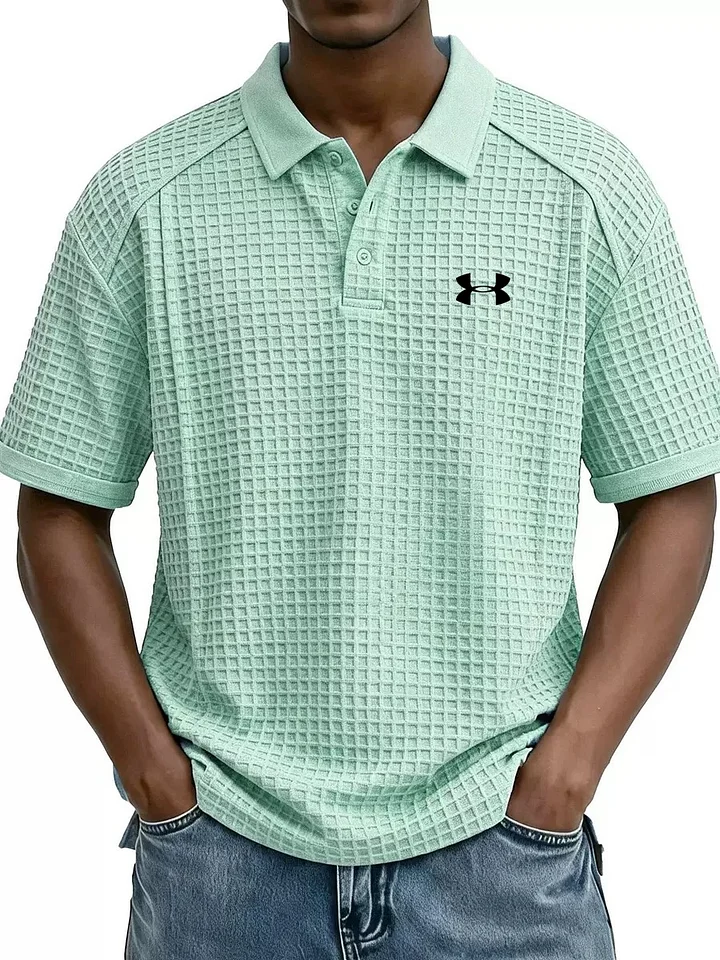 2026 New Men's Retro Waffle Knit Collar Short-Sleeve Polo Shirt/T-Shirt
