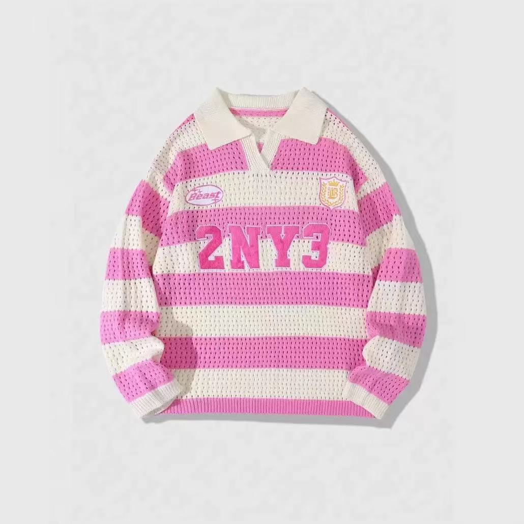 Striped short-sleeve knit polo shirt