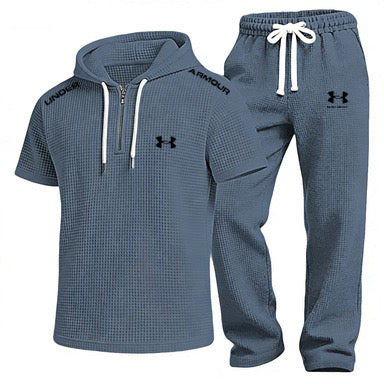 Men's Waffle-Knit Short-Sleeve Hoodie and Shorts Set
