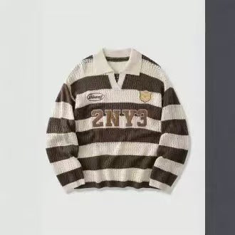 Striped short-sleeve knit polo shirt