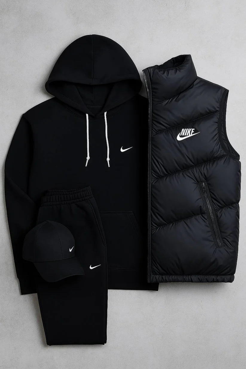 Nk Complete Set – Sweatshirt, Pants, Puffer Jacket & T-shirt（4-piece set）
