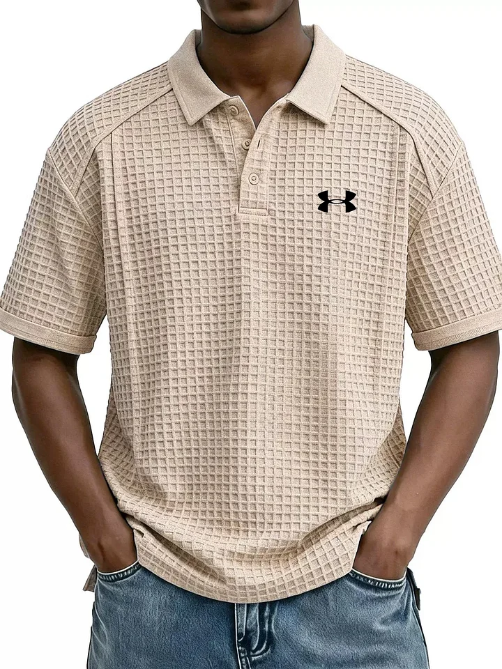 2026 New Men's Retro Waffle Knit Collar Short-Sleeve Polo Shirt/T-Shirt