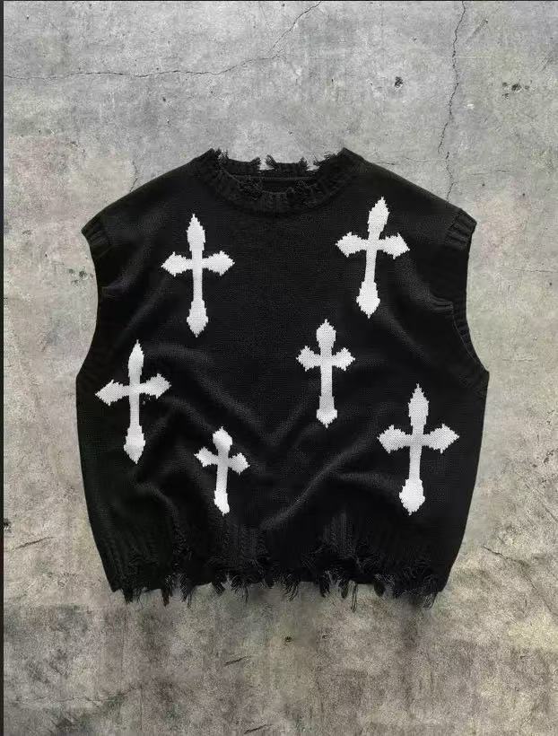 Stylish Retro Jacquard Distressed Knit Top