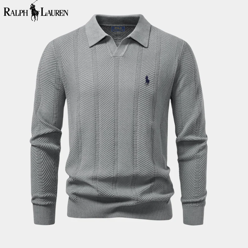 Men's long-sleeved knitted V-neck polo shirt