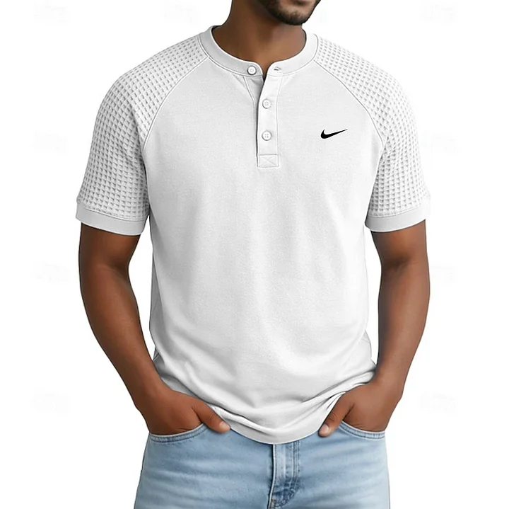 2026 Men's Casual Button Raglan Sleeve Waffle Henley Collar Short-Sleeve T-Shirt