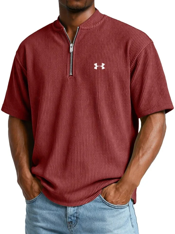 Men's Ribbed T-Shirt with Zip Collar and Short Sleeves