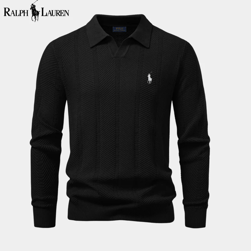 Men's long-sleeved knitted V-neck polo shirt