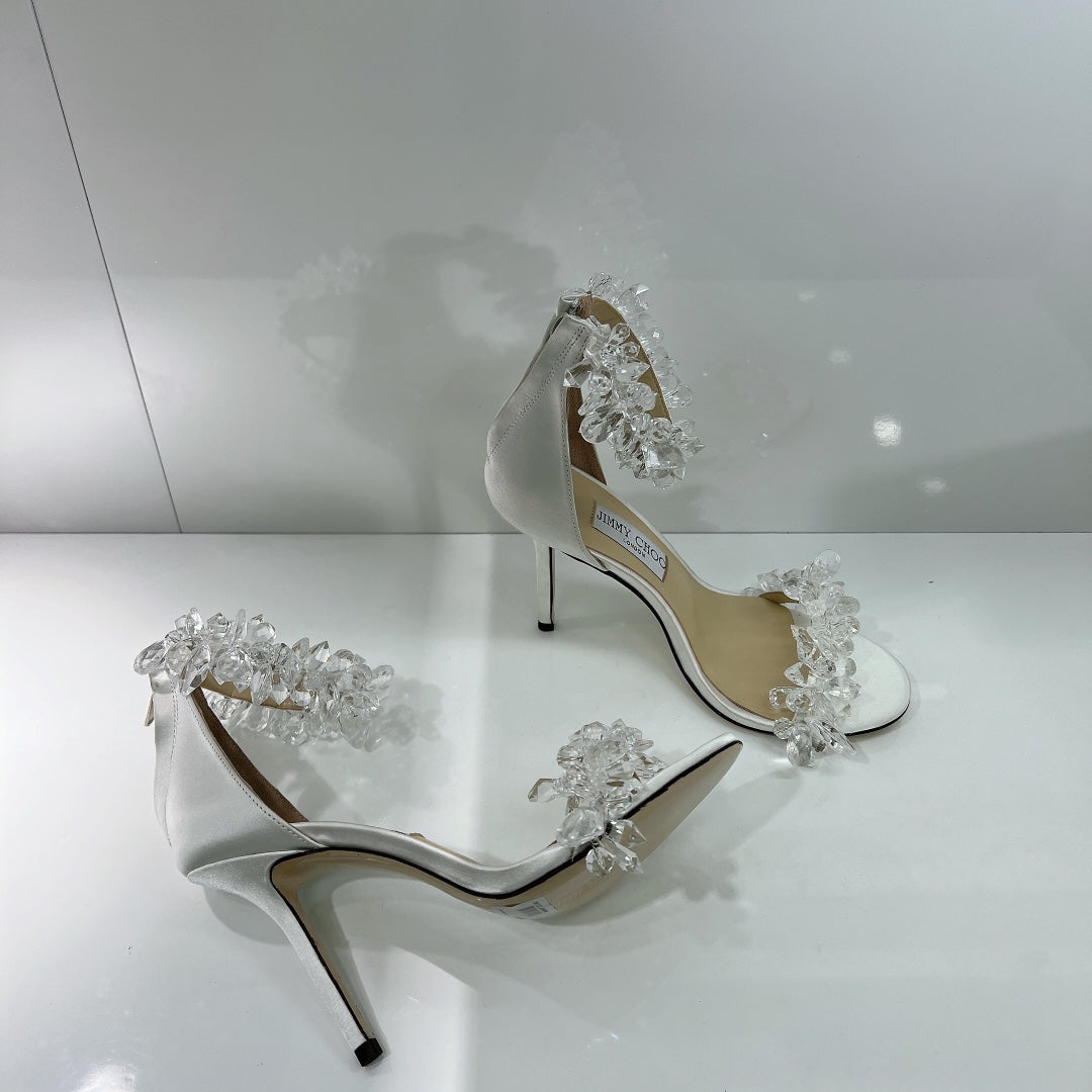 JC spring transparent crystal embellished silk satin jc high heel sandals