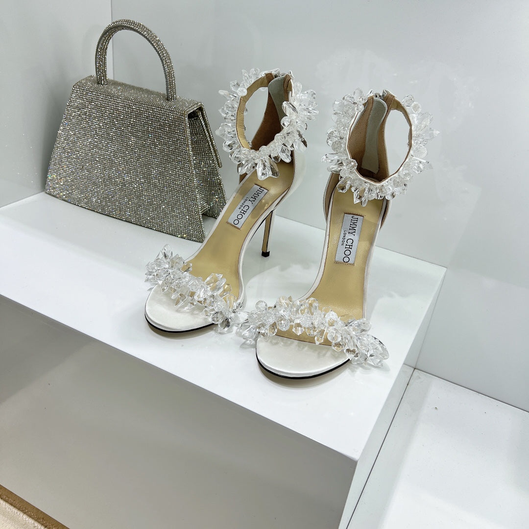 JC spring transparent crystal embellished silk satin jc high heel sandals