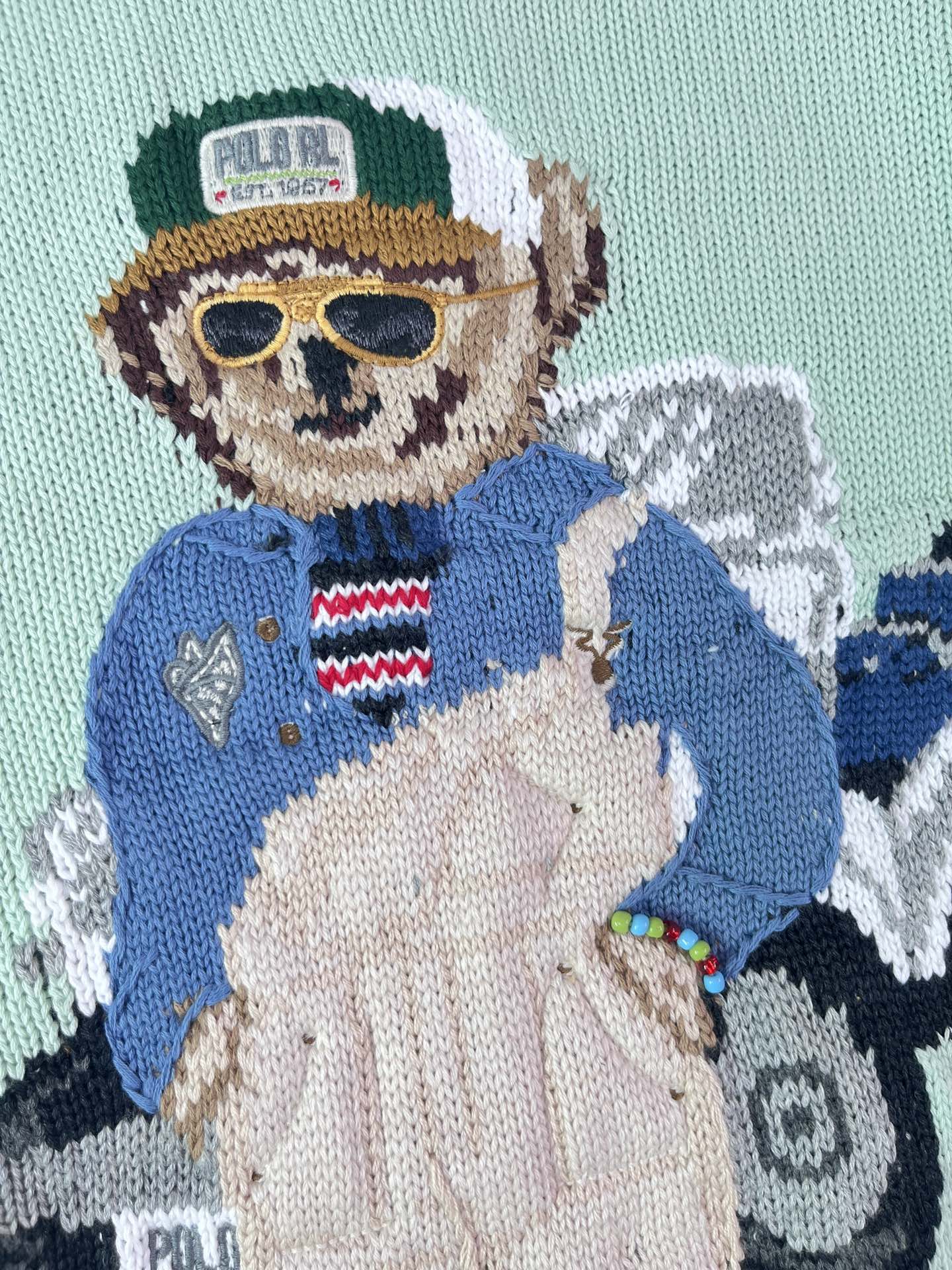 Ralph Laur** Bear Heavy Embroidery RL Round Neck Knit Pullover Top Porcelain Green
