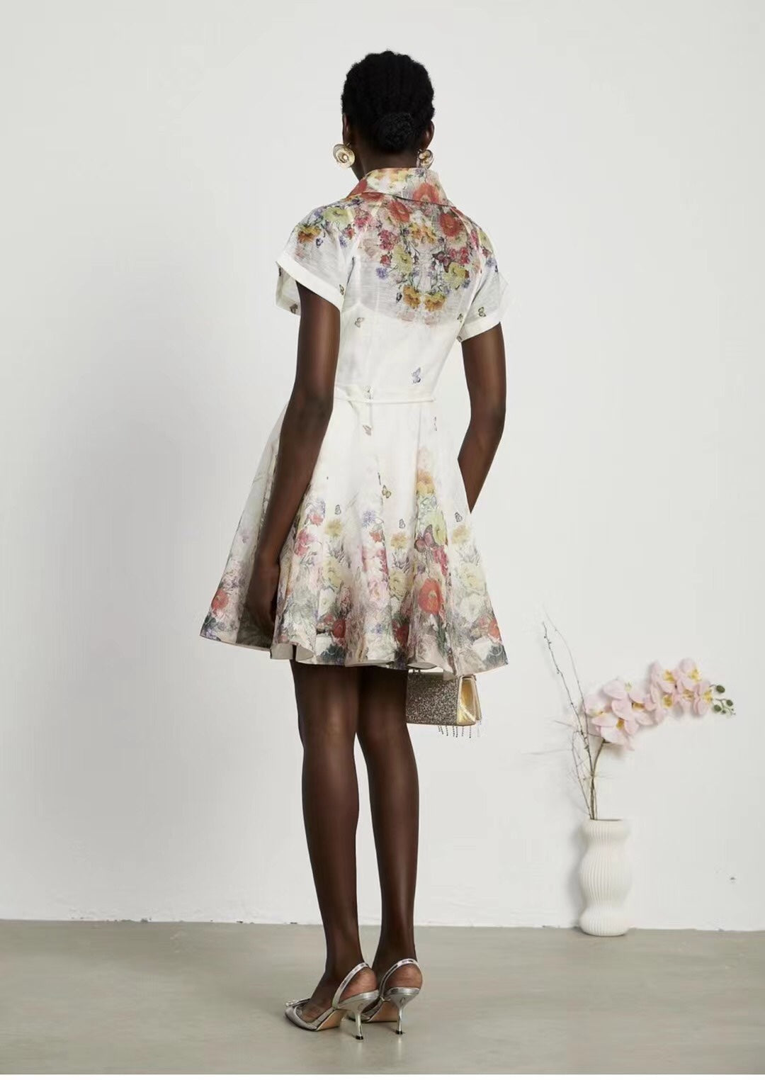 ZIM****-New Style Colorful Flower Print Lace-up Waist Lapel Short Sleeve Dress with Suspender Lining