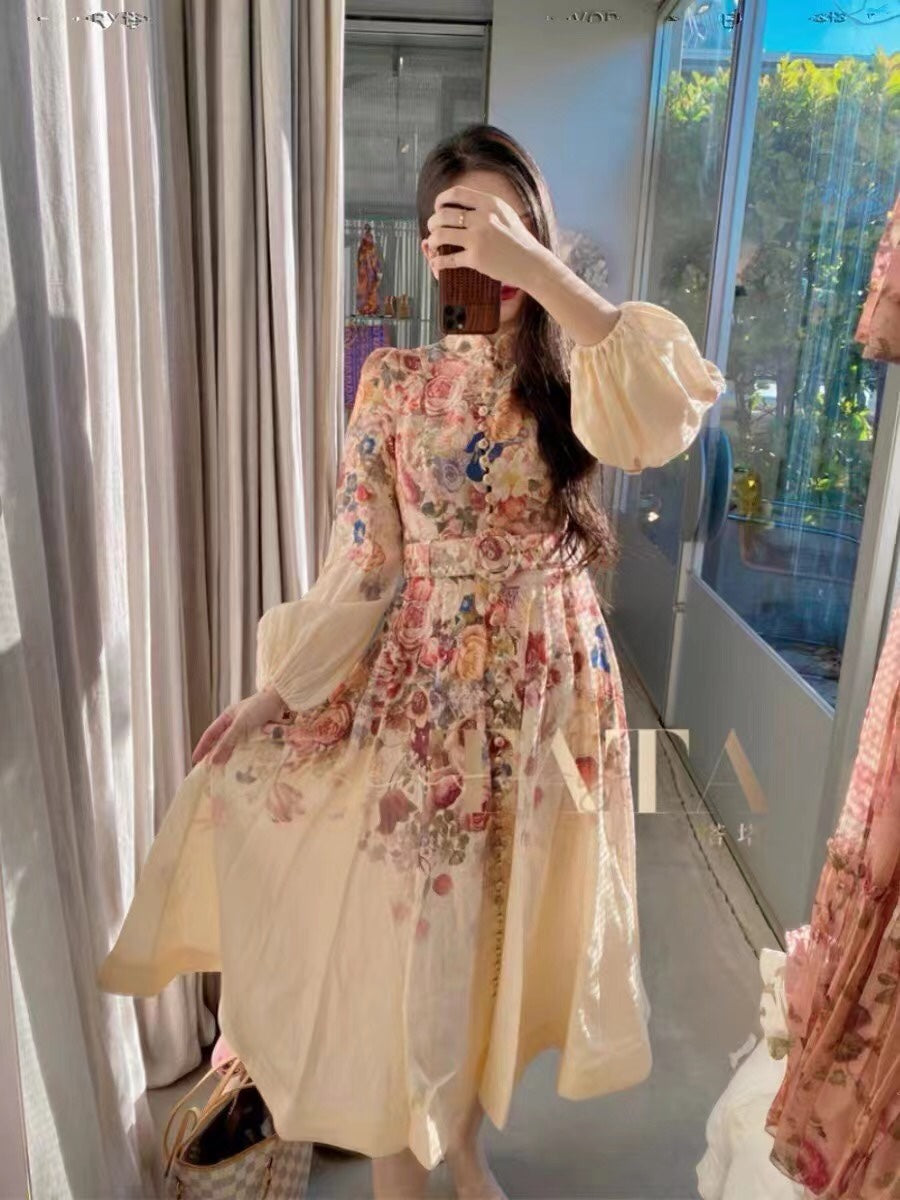 ZIM****-Rose flower print lantern long-sleeved dress with belt, pink