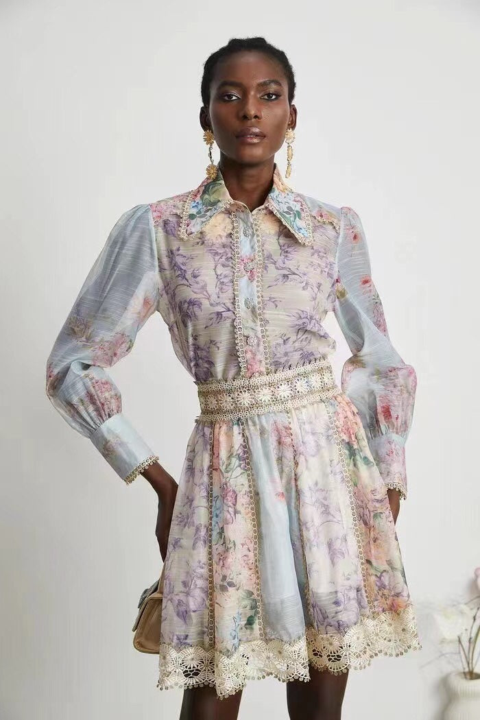 ZIM****-New suit, diamond button lace lapel long-sleeved shirt + lace short skirt