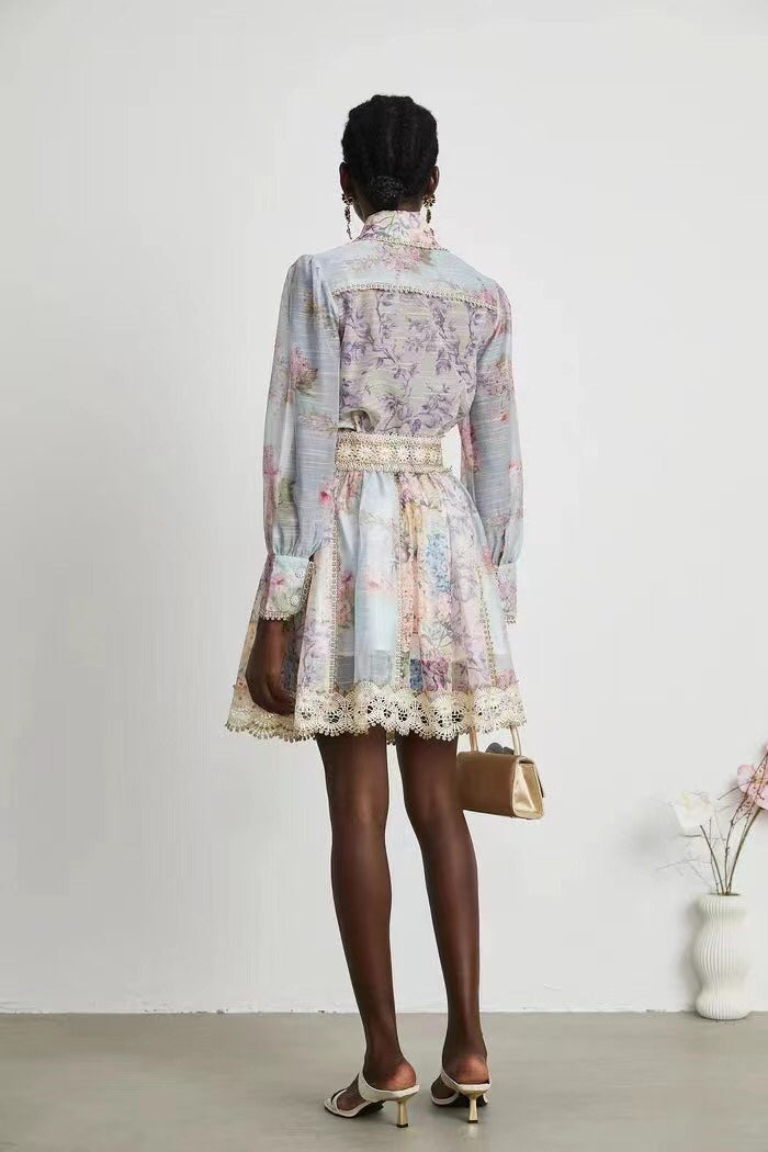 ZIM****-New suit, diamond button lace lapel long-sleeved shirt + lace short skirt