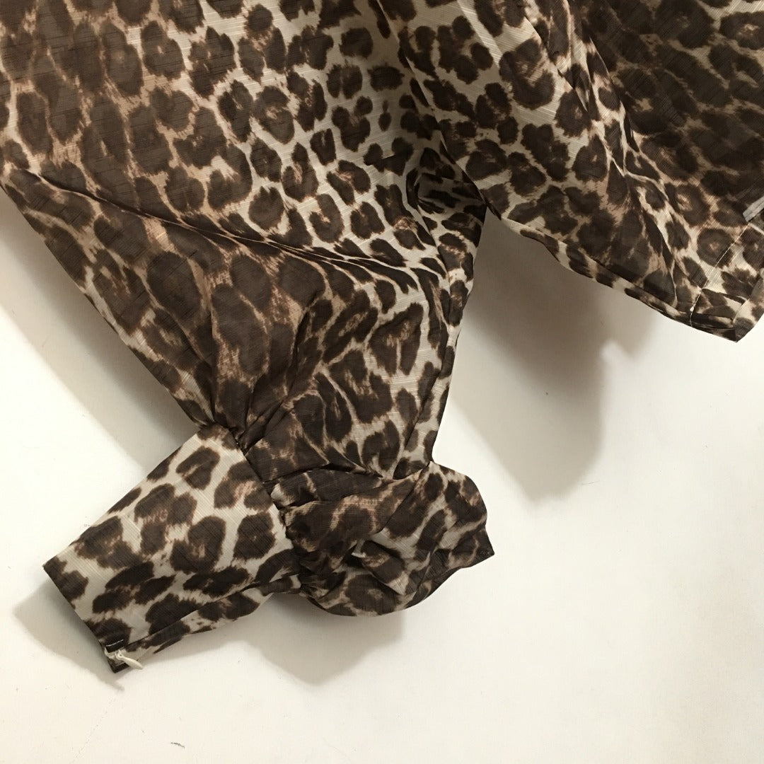 ZIM**** New Style Elegant Large Bow Tie Collar Leopard Print Lantern Long Sleeve Shirt Top, Coffee Color